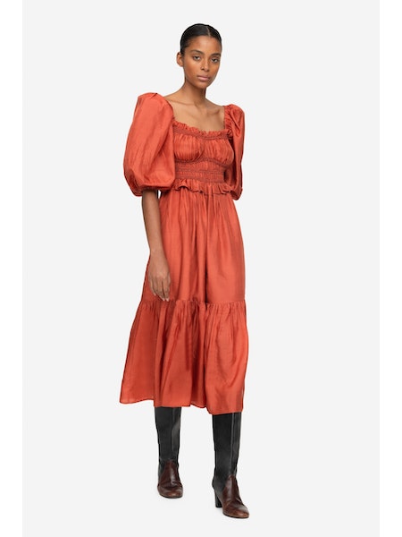 SEA NY Kyle Solid Puff Sleeves Dress Coral