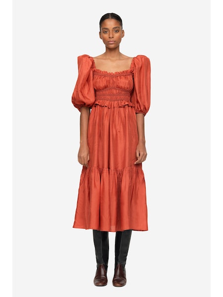 SEA NY Kyle Solid Puff Sleeves Dress Coral