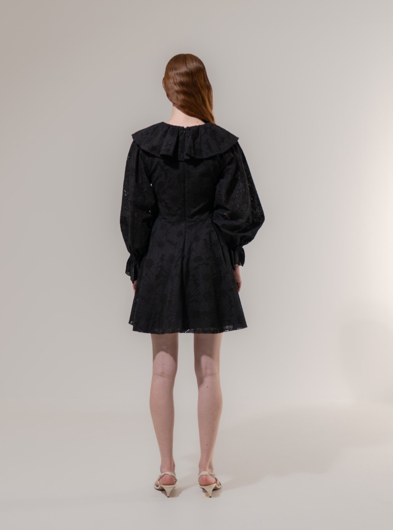 Emin + Paul Black-Lace Ruffle Collar Mini Dress