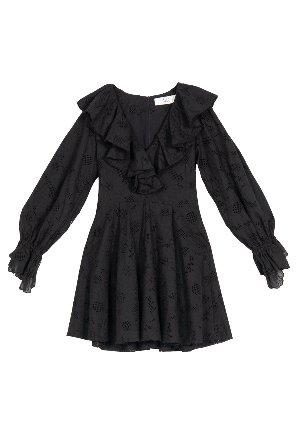 Emin + Paul Black-Lace Ruffle Collar Mini Dress