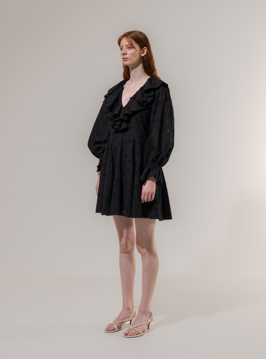Emin + Paul Black-Lace Ruffle Collar Mini Dress