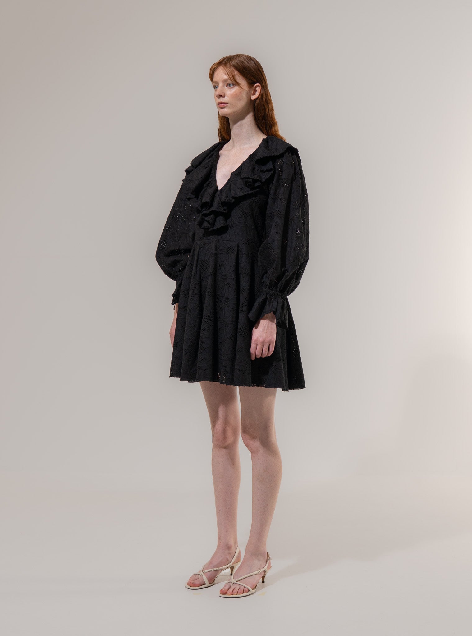 Emin + Paul Black-Lace Ruffle Collar Mini Dress