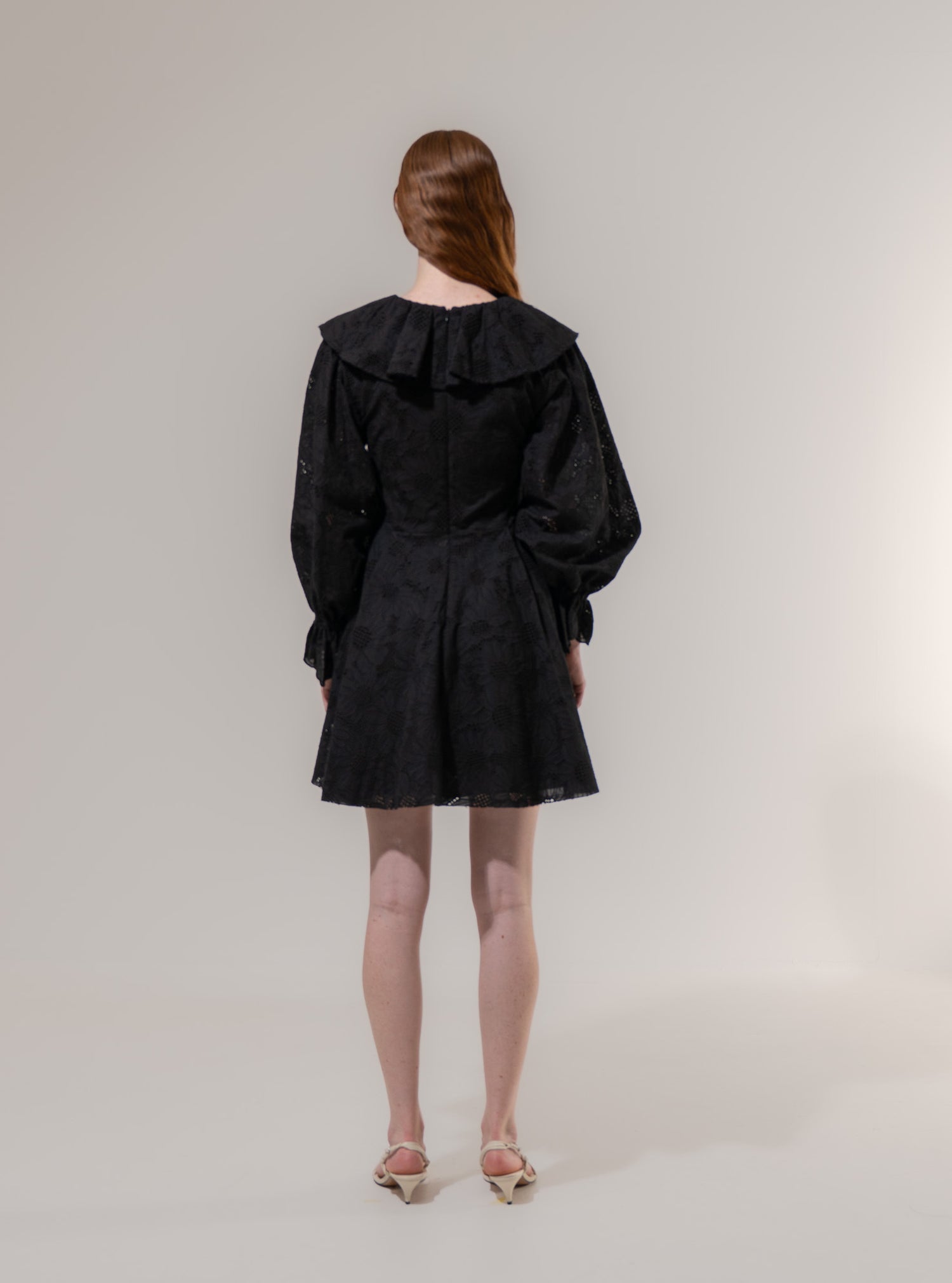 Emin + Paul Black-Lace Ruffle Collar Mini Dress