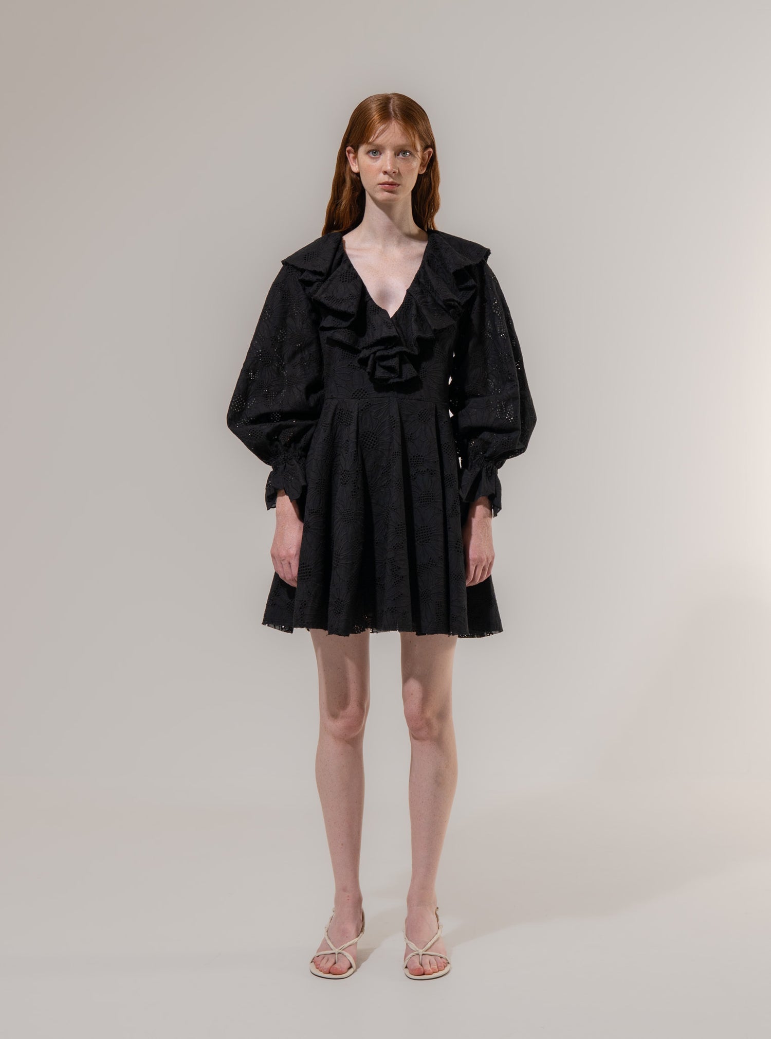 Emin + Paul Black-Lace Ruffle Collar Mini Dress