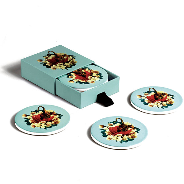 Gangzai Ceramic Coaster Set Tiger Flower