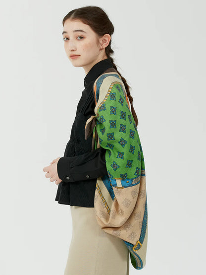 Manipuri Wool Silk Stole Herringbone Crestbelt green