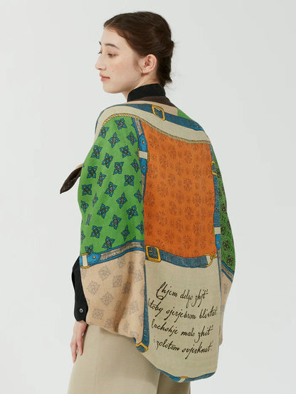 Manipuri Wool Silk Stole Herringbone Crestbelt green