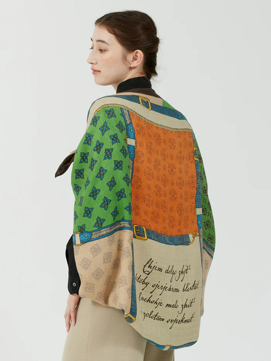 Manipuri Wool Silk Stole Herringbone Crestbelt green