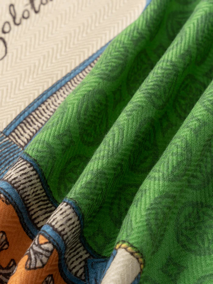 Manipuri Wool Silk Stole Herringbone Crestbelt green