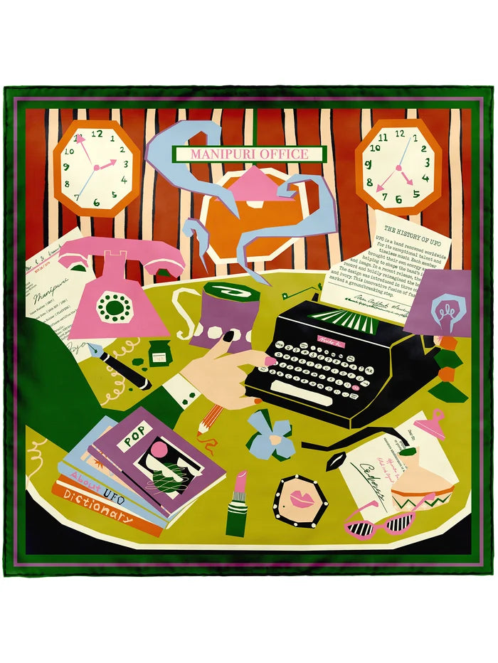 Manipuri Typewriter Scarf 88x88 Green